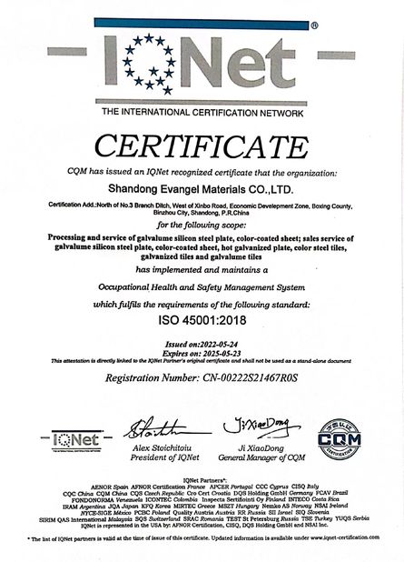 China Shandong Evangel Materials Co., Ltd certification